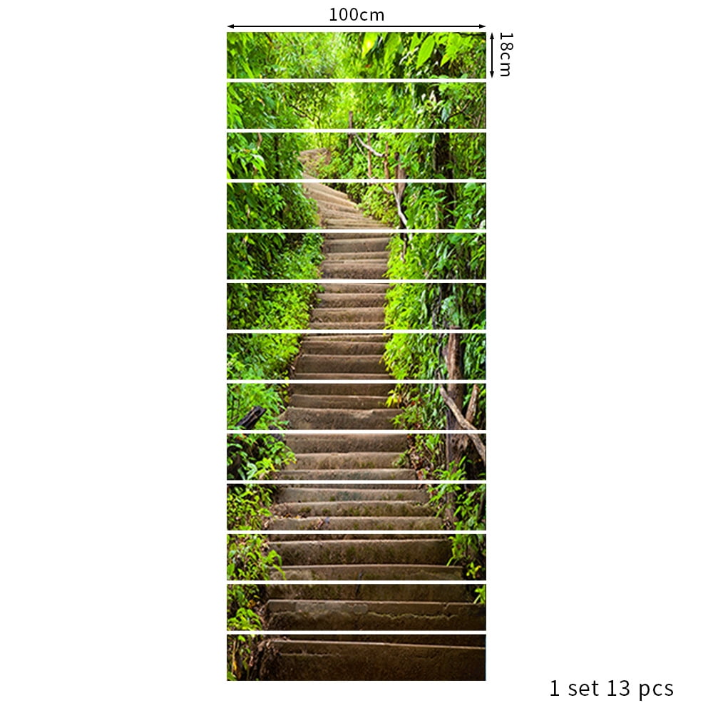 Stair Risers Wall Stickers - 13Pcs 3D Green Forest Steps Peel and Stick Vinyl Staircase Sticker -Stair Decals Decor for Stair Steps Home Office Decor 39.37"x7.09"