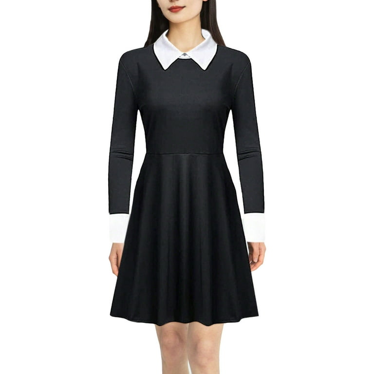knee length dresses for ladies Little Black Dress with White Pointed “Peter Pan” Collar – MyDearCloset main image 0