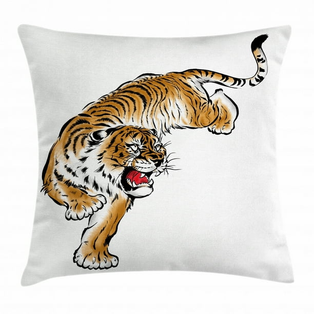 Tiger Throw Pillow Cushion Cover Japanese Inspired Large Feline Japanesque Design Free Hand Drawing Traditional Decorative Square Accent Pillow Case 16 X 16 Inches Black Pale Brown By Ambesonne Walmart Com Walmart Com