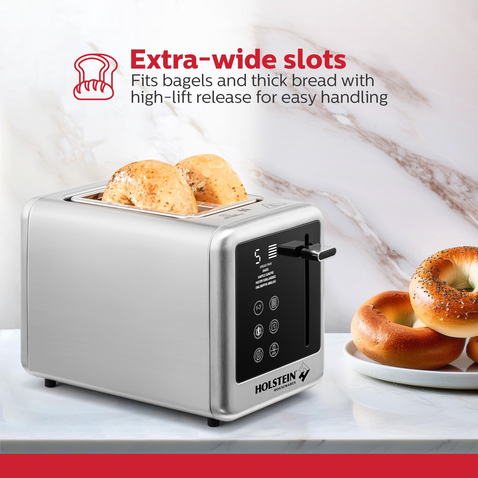 Holstein Housewares 2-Slice Digital Toaster with LED Display, Extra-Wide Slots, High-Lift Bread Release, Reheat and Defrost Functions, Compact Design, and Removable Crumb Tray
