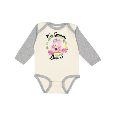 

Inktastic Baby Flamingo My Gramma Loves Me with Flower Wreath Gift Baby Boy or Baby Girl Long Sleeve Bodysuit