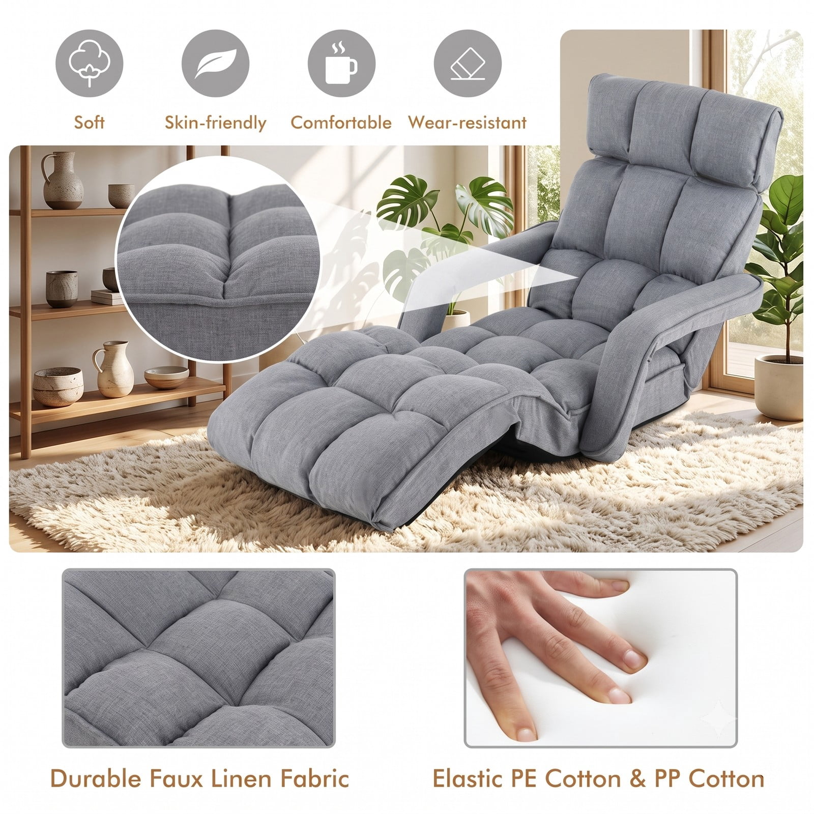 Furnibear 6-Position Adjustable Floor Chair, Foldable Lazy Sofa Recliner with Adjustable Armrests and Footrest, Padded Gaming Floor Sofa Bed for Living Room, Gray