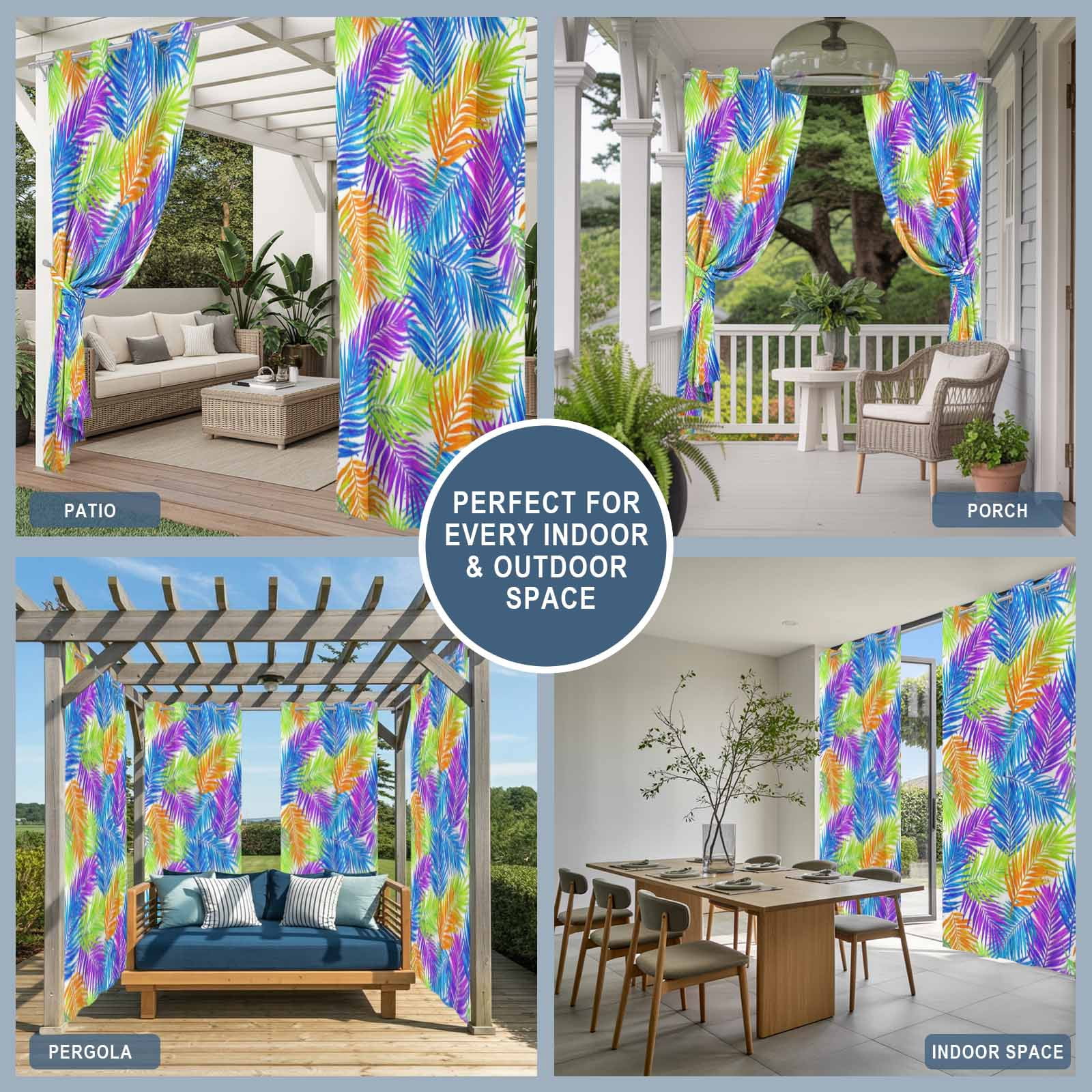Colorful Palm Leaf Outdoor Curtains for Patio, Summer Rainbow Fronds Boho Purple Blue Yellow Leaf Sunshade Privacy Drapes Grommet Waterproof Outside Curtains for Porch Balcony 54"x108", 1 Panel