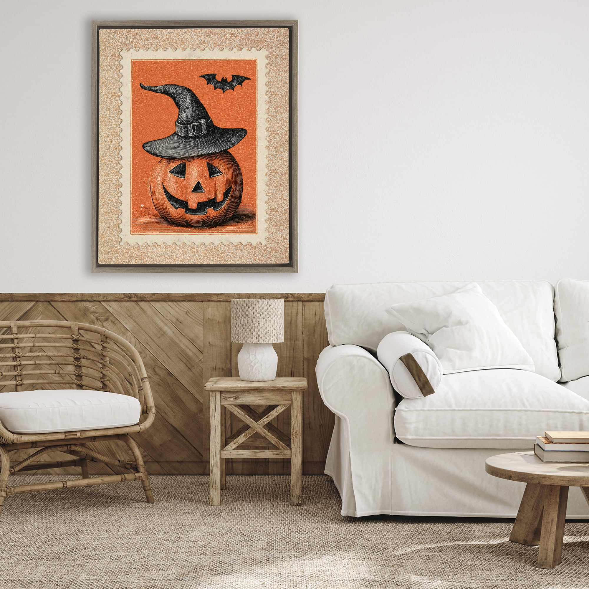 Vintage Jack-o-Lantern Stamp Brown Framed Floater Canvas Wall Art, design by Arlington Prints