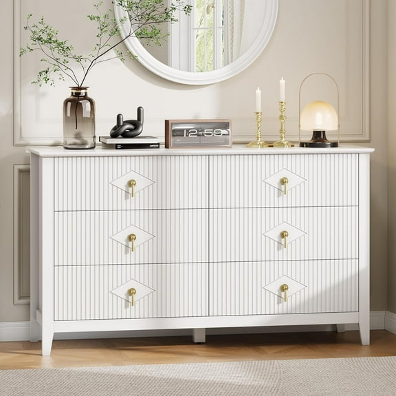 Fluted Dresser 54 Inch Wide Storage Organizer Cabinet for Living Room Hallway Entryway White-A