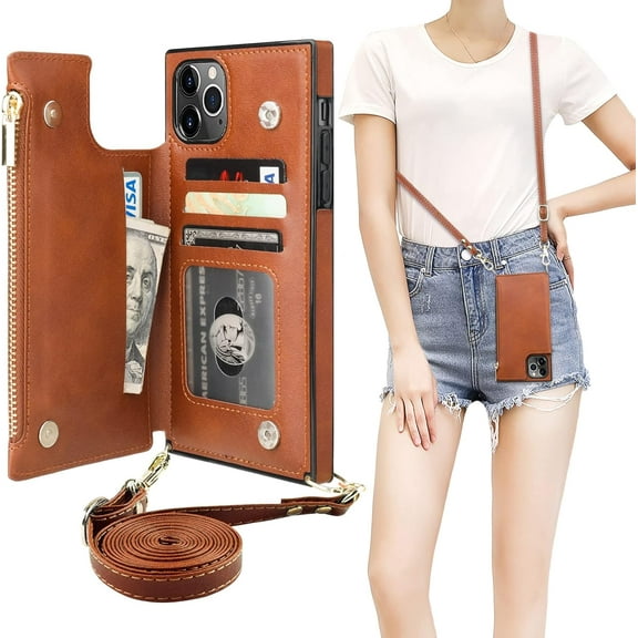 Crossbody Wallet Case for iPhone 11 Pro Max with Card Holder,Zipper Card Slot Protector Shockproof Purse Cover with Removable Cross Body Strap 6.5 Inch(Brown)