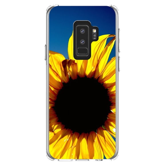 DistinctInk Clear Shockproof Hybrid Case for Samsung Galaxy S9  PLUS (6.2" Screen) - TPU Bumper, Acrylic Back, Tempered Glass Screen Protector - Blue Yellow Sunflower Sky