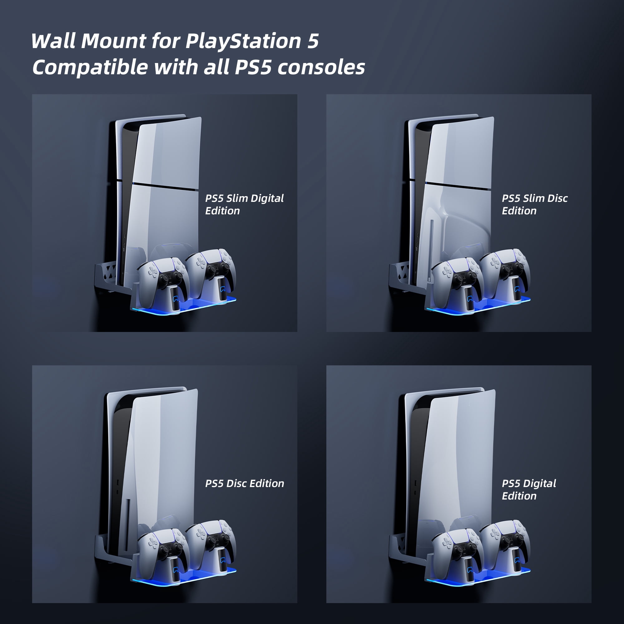 PS5 RGB Wall Mount Kit with Dual Charging Station, Shelf Mount Compatible with Both PS5 and New PS5 Slim Consoles, Wall Hanging Stand for Playstation 5 Accessories with Headset Holder