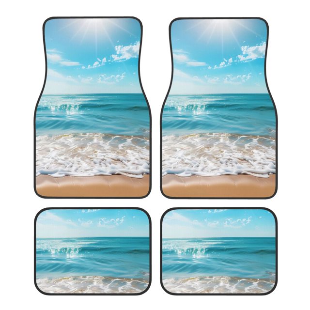 Balery Sunny Ocean Waves Juego de 4 Alfombrillas para Auto, Revestimientos de Caucho Resistente, Diseño Antideslizante