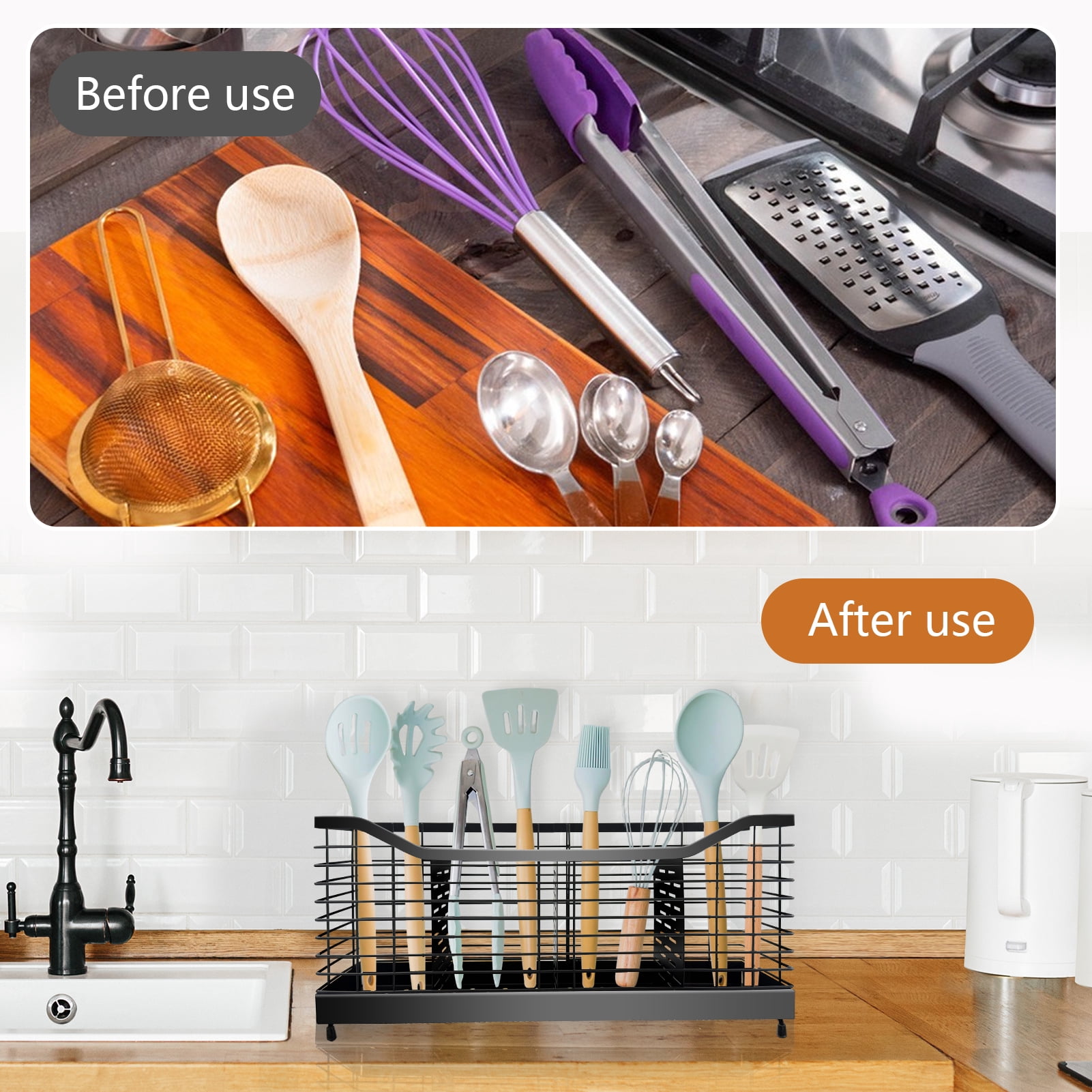 Godance Extra Large Kitchen Utensil Organizer with 4 Compartments - Countertop Storage Holder for 40+ Cooking Tools, Drainage Design with Non-Slip Base, Countertop Organizer for Spoons, Spatulas