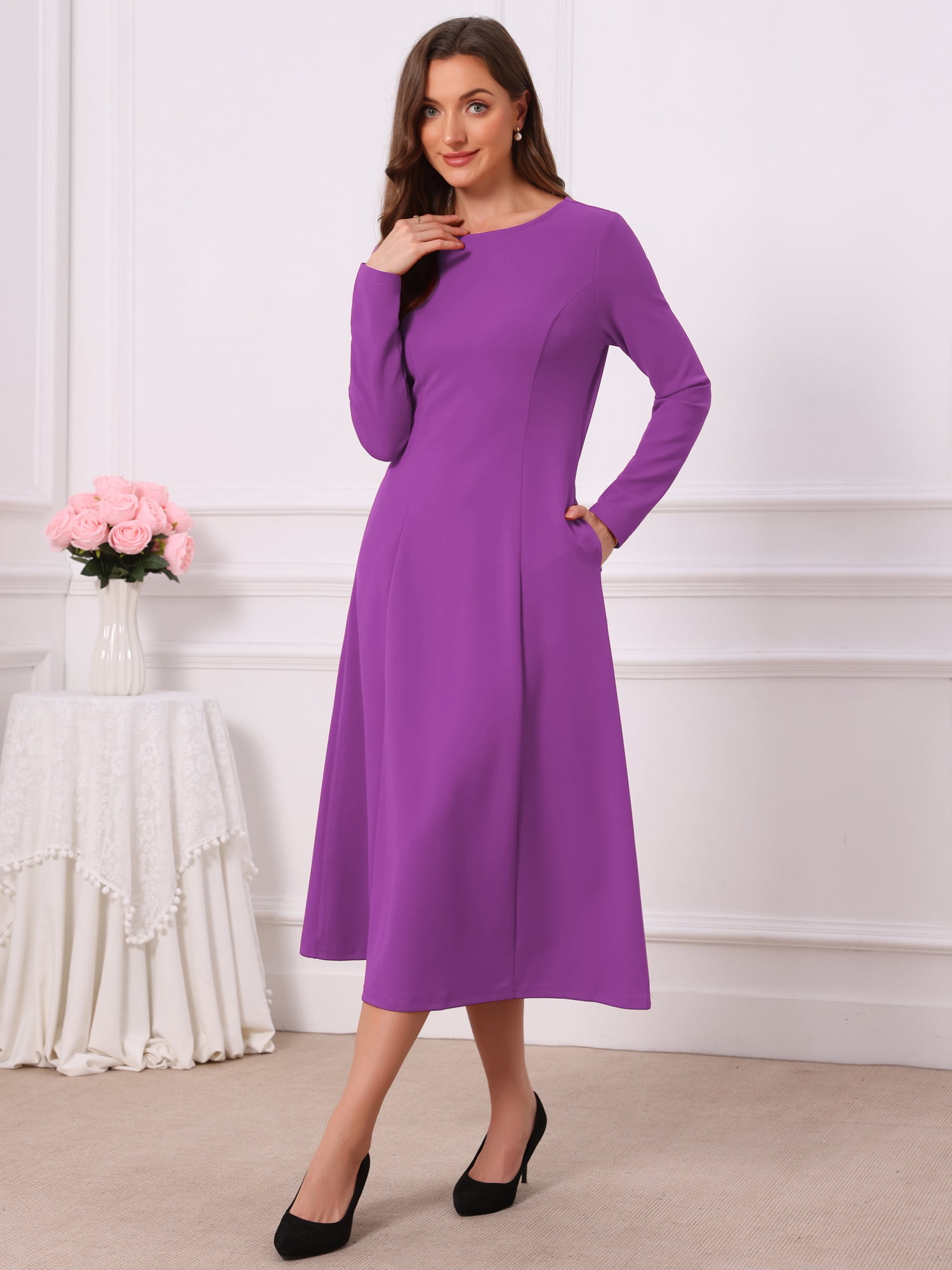 DARING DIVA Women's Long Sleeve Formal Crewneck A-Line Maxi Dress XL Purple