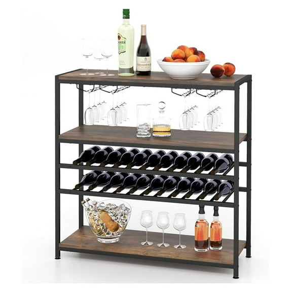 Industrial 5-Tier Wine Rack Table, Freestanding Wine Bar Cabinet with 2-Tier Wine Rack, 4 Row Glass Holder, 22-Bottle Wooden Floor Standing Wine Storage Stand for Kitchen, Dining Room