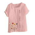 thumbnail image 4 of Staron Hauts pour Femmes Liquidation Grande Taille Été T-Shirts Décontractés Manches Courtes Retroussées Col Rond Hauts en Coton et Lin Chemises Amples Florales Chic, 4 of 4