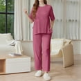 thumbnail image 3 of Women's Casual Fashion Loose-Fitting Solid Color Split Round Neck Half SleeveTop And Long Pants Two-Piece Set Tracksuit, 3 of 6