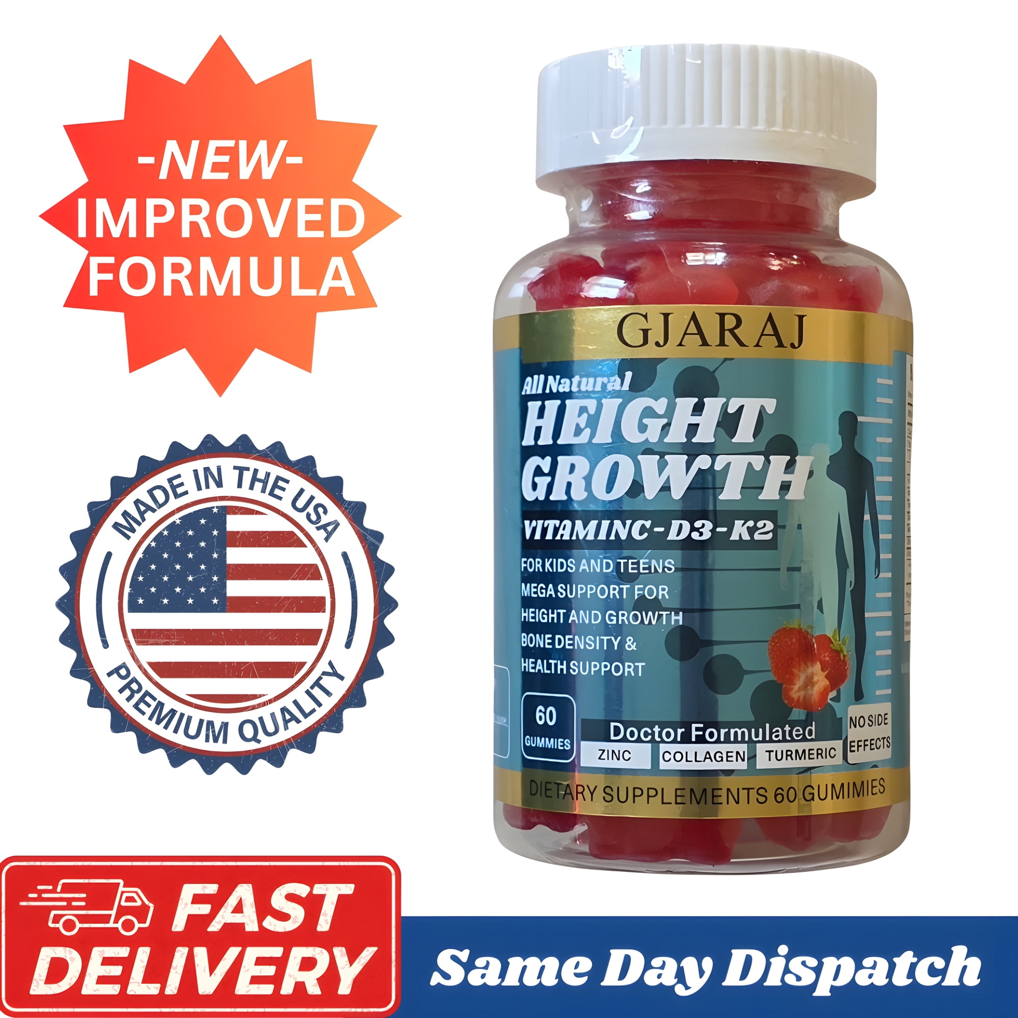 GJARAJ Height Growth Maximizer Natural Vitamins for Bone Growth (Strawberry Flavored Gummies) MADE IN USA