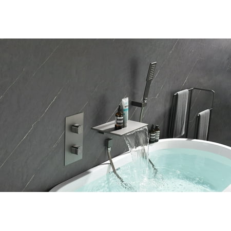 

Sportaza Spout Wall Mounted Tub Faucet with Handheld shower Modern Single Handle Tub Filler Solid Brass