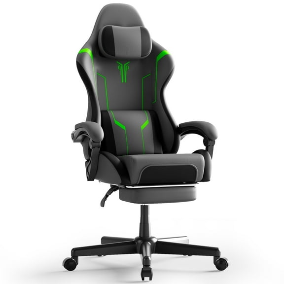 SOONTRANS Gaming Chair for Adults, Leather Office Chair with Footrest & Massage Lumbar Support, High Back Gamer Game Chairs, Grey/Black/Green