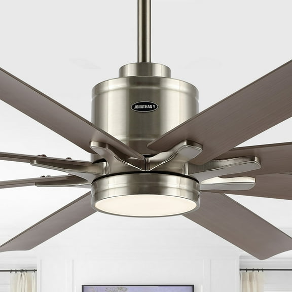 JONATHAN Y Octo 66" 1-Light Contemporary Industrial Iron/Plastic Mobile-App/Remote-Controlled 6-Speed Ceiling Fan with Integrated LED Light, Nickel/Gray Wood Finish