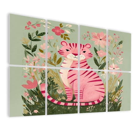 Tiger 8 Pack Art Acoustic Panels Sound Absorbing Pink Tiger Floral Garden Soft Pastel Botanical Decorative Soundproof Wall Panels Self Adhesive for Nursery Game Room Bedroom 48 x32