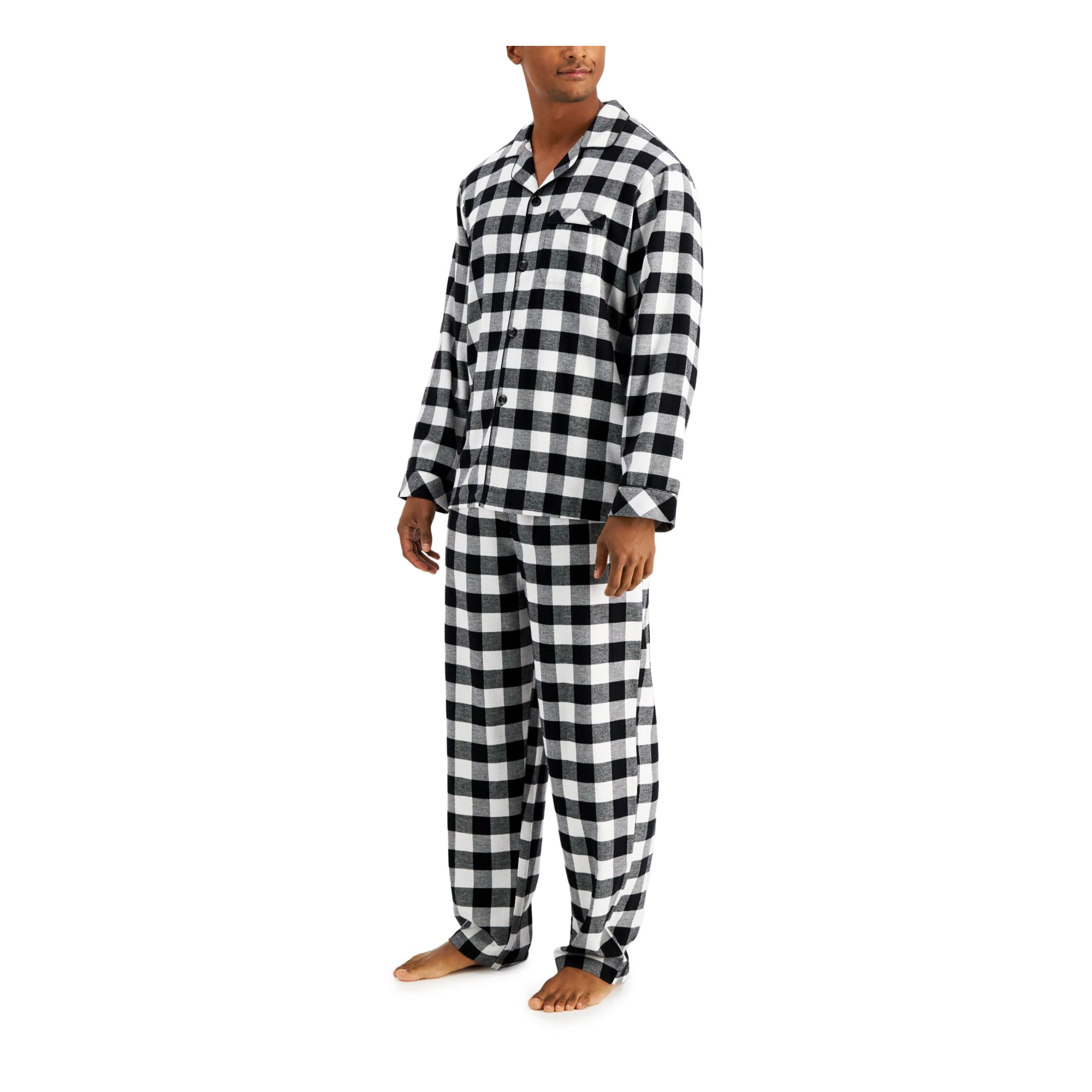 FAMILY PJs Sets Black Flannel Notched Collar Plaid Long Sleeve V Neck Button Up Straight leg Everyday Size S