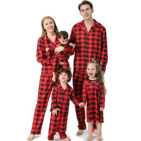 

URMAGIC Christmas Family Matching Button Down Pajamas Red Plaid Jammies