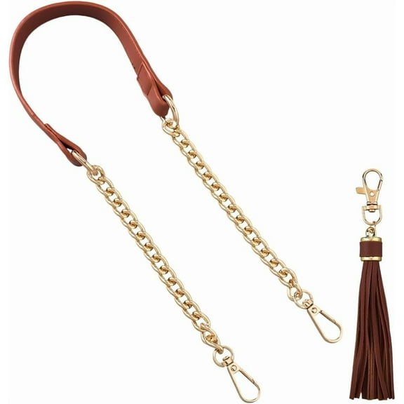 24 Inch Microfiber Leather Bag Chain Replacement with Tassel Pendant Flat PU Leather Purse Chain Strap Handbag Handle for Women Shoulder Crossbody Bag Handbag DIY Crafts(Brown Gold)
