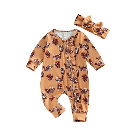

Musuos Baby Girls Jumpsuit Set Long Sleeve Cow/Horse Print Romper with Bowknot Headband