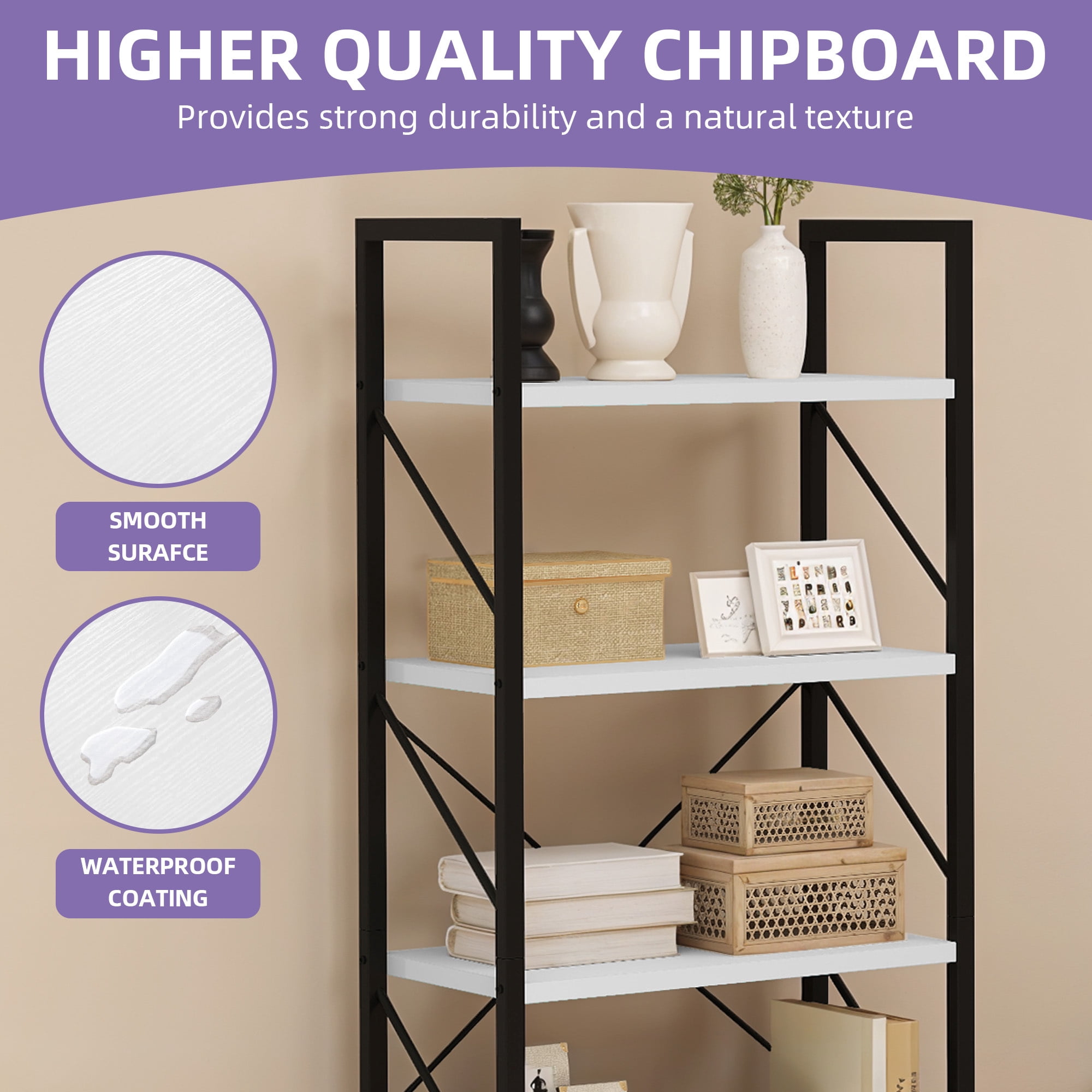 Uforic 5 Tier Bookshelf, Classic Home Office Bookcase Storage Organizer, Free Standing Book Rack, White