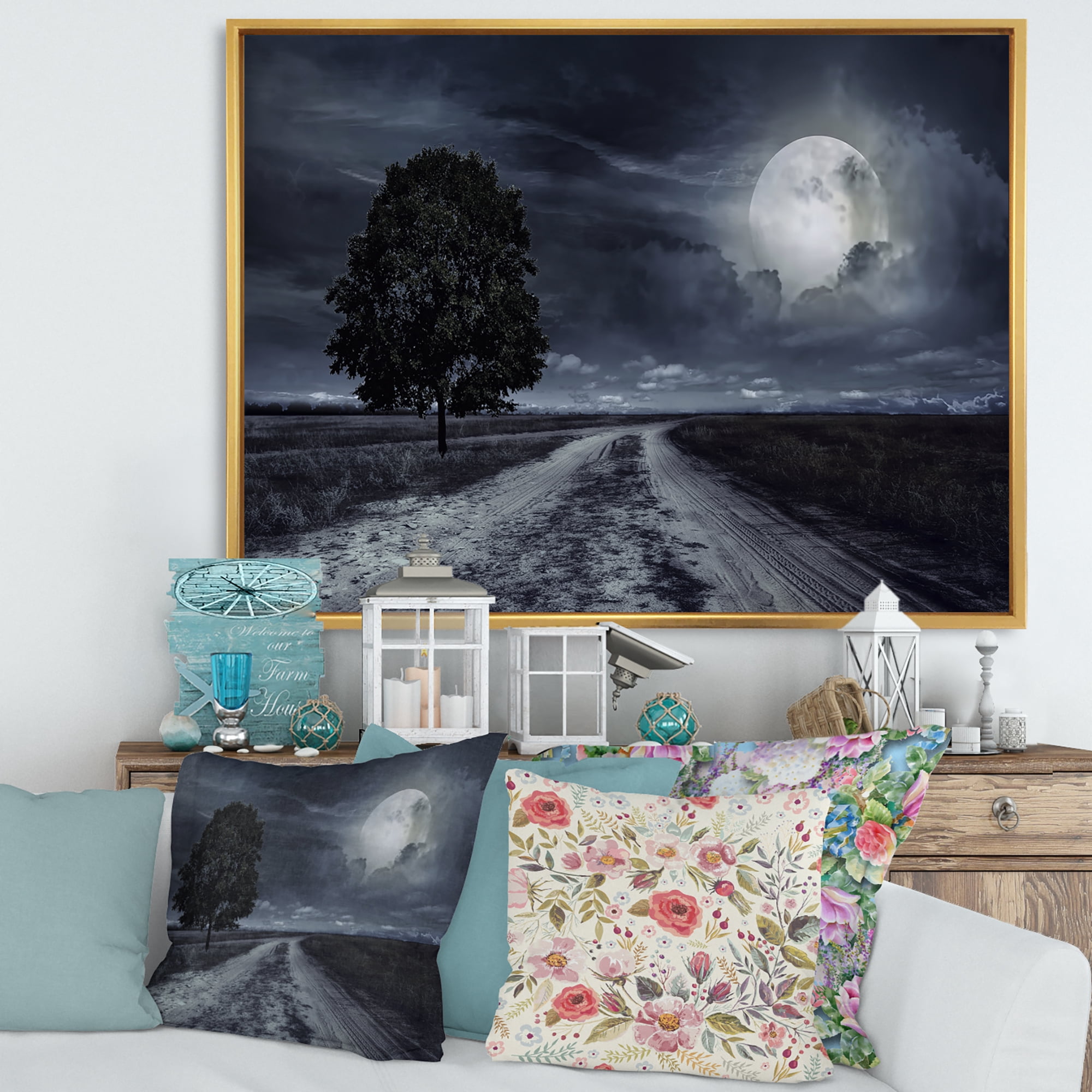 Designart 'A Full Moon Over Paved Road' Nautical & Coastal Framed Canvas Wall Art Print