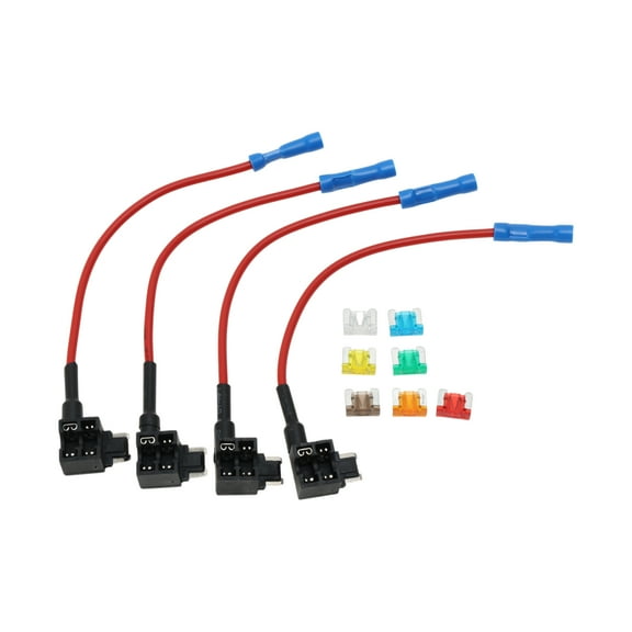 Fuse Tap Adapter Kit, Fuse Tap Holder Connector, Mini 4 Pack DC 32V Blade Fuse Holder w/ 7 Fuses(5A 7.5A 10A 15A 20A 25A 30A)