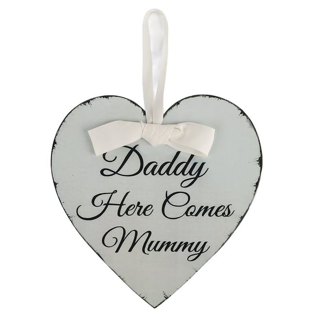 Placa colgante de madera con forma de corazón de amor vintage con texto "Papá, aquí viene mamá" para fiesta de bodas, regalo
