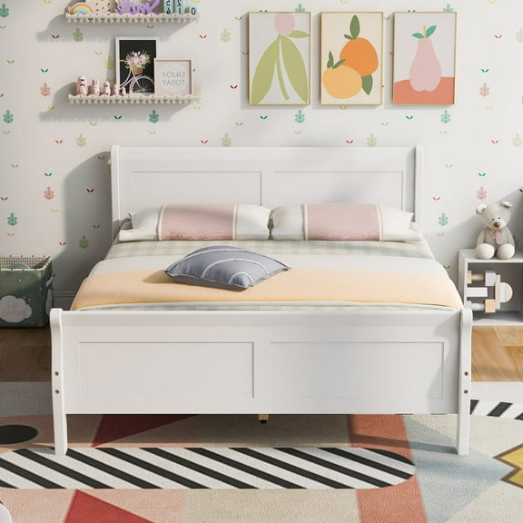 White Solid Wood Full Bed Frame with Headboard and Footboard, No Box Spring Needed