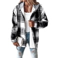 thumbnail image 2 of Women'S Casual Jacket Plaid Long Sleeve Shacket Fleece Lined Hooded Jackets Warm Coat Black 5XL, 2 of 9