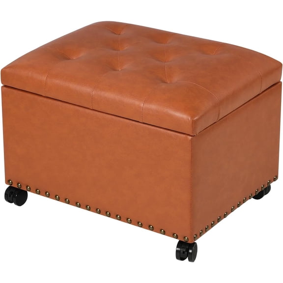 Leather Storage Ottoman,24’’Foot Rest Ottomans with Wheels and Hinged Lid Rectangle Upholstered Foot Stools Nailhead Trim for Living Room Bedroom,Orange Brown