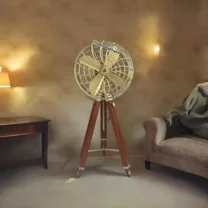Padestal Fan Electric Corded Handmade Brass Antique Vintage Style Pedestal Fan with Wooden Adjustable Tripod Stand Retro Design, Collectible, Functional Home 62" inch Decor Vintage Reproduction