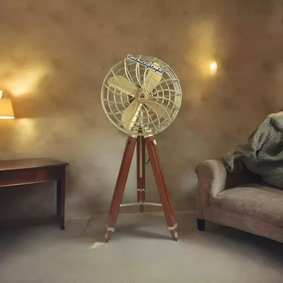 Padestal Fan Electric Corded Handmade Brass Antique Vintage Style Pedestal Fan with Wooden Adjustable Tripod Stand Retro Design, Collectible, Functional Home 62" inch Decor Vintage Reproduction