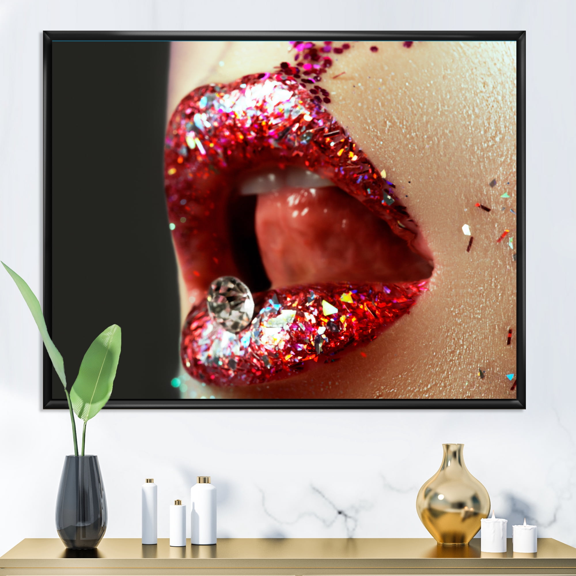 Artistic Girl Lips Make-Up 32 in x 16 in Framed Photography Canvas Art Print, by Designart