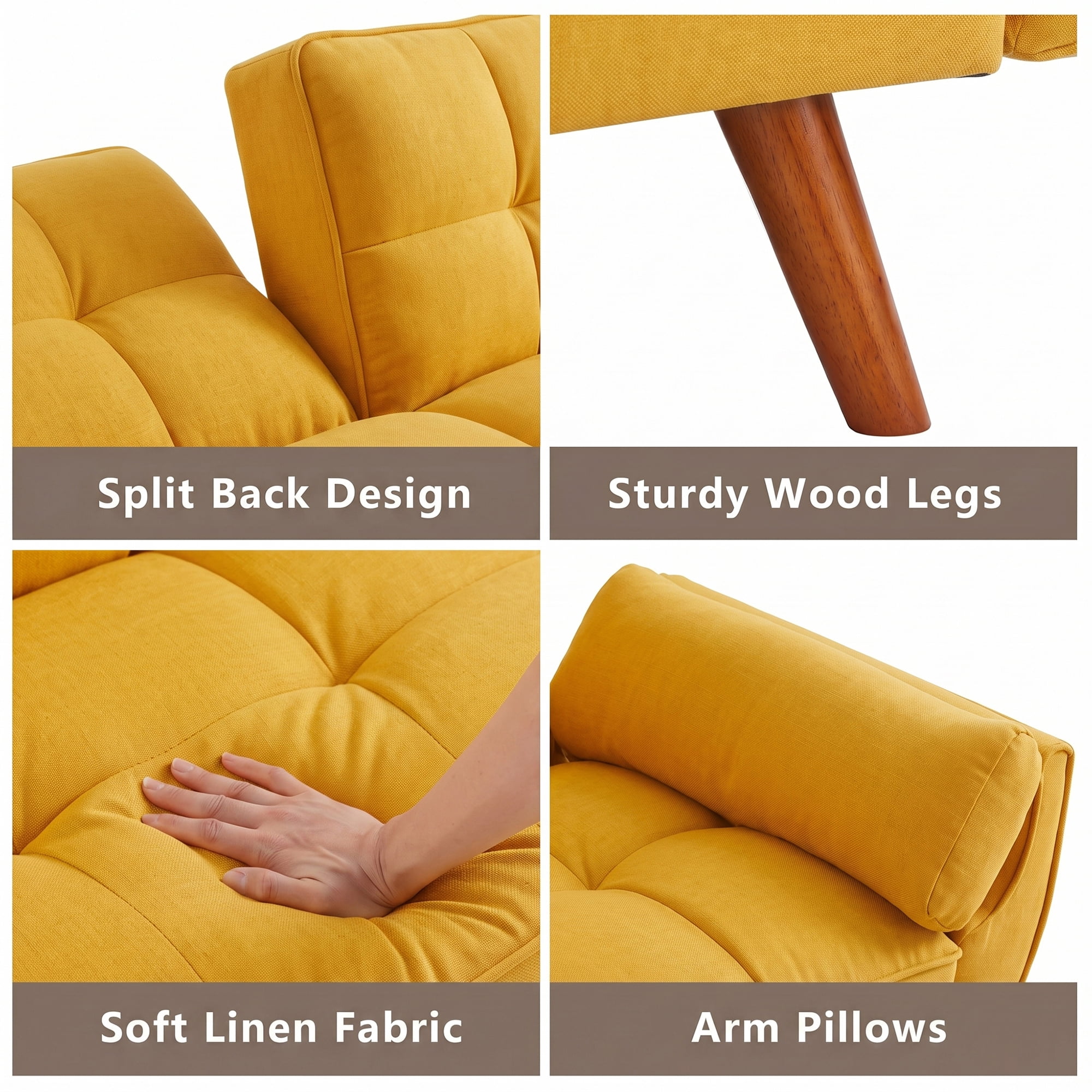 Aukfa 75" Pillow Top Arm Futon Convertible Sofa Bed, Tufted Loveseat Sleeper Couch for Home Office, Linen, Yellow