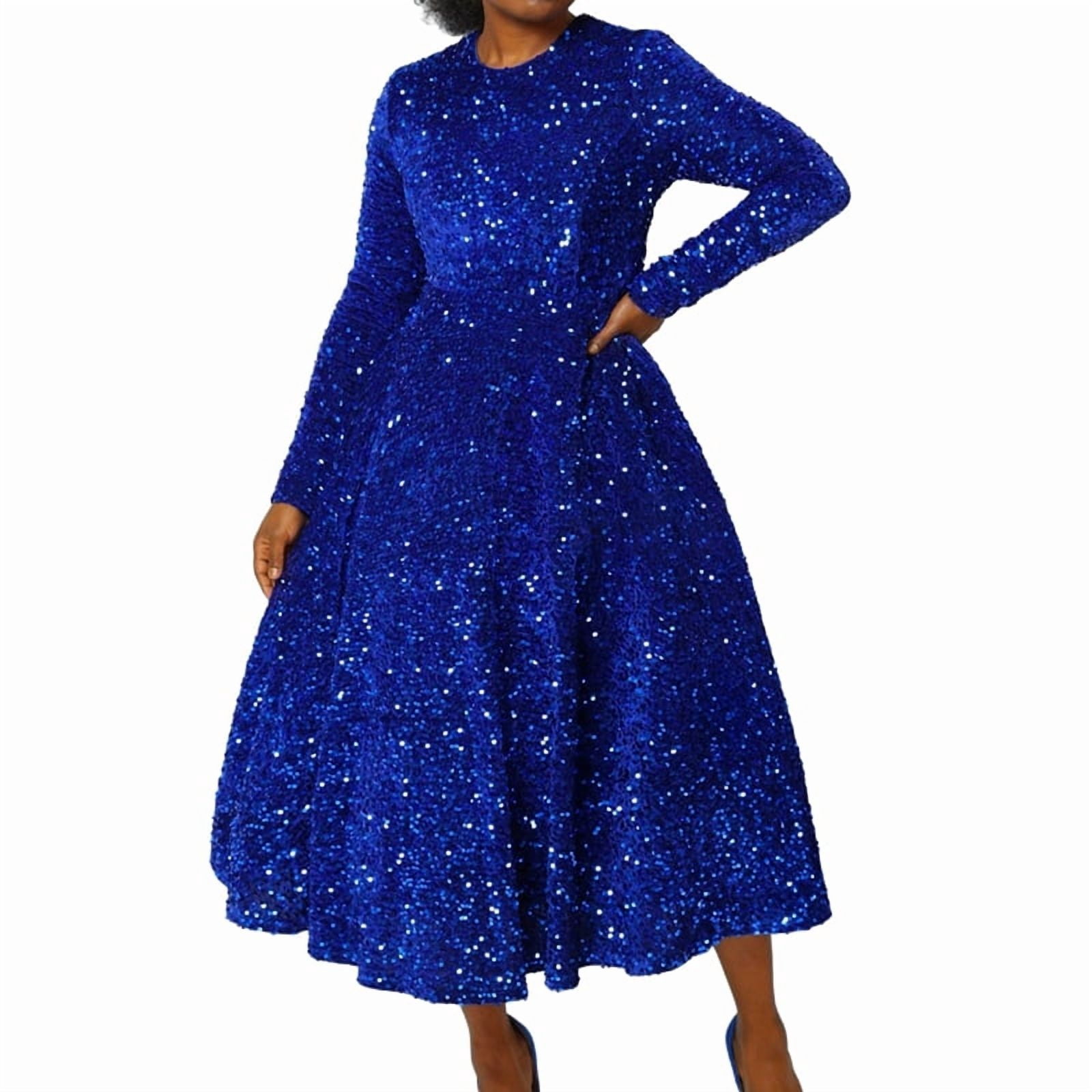 Women'S Sequin Dress Plus Size Long Sleeve A-Line Flared Party Cocktail Evening Shiny Maxi Dress Royal Blue M