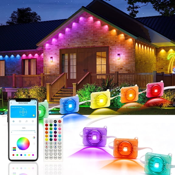 Phopollo 100ft RGB Permanent Outdoor Lights, 50 LEDs Eave Light, IP67 Waterproof, APP/Remote Control, Outdoor Light Suitable for Patio, Garden Decor, Holiday Decorations
