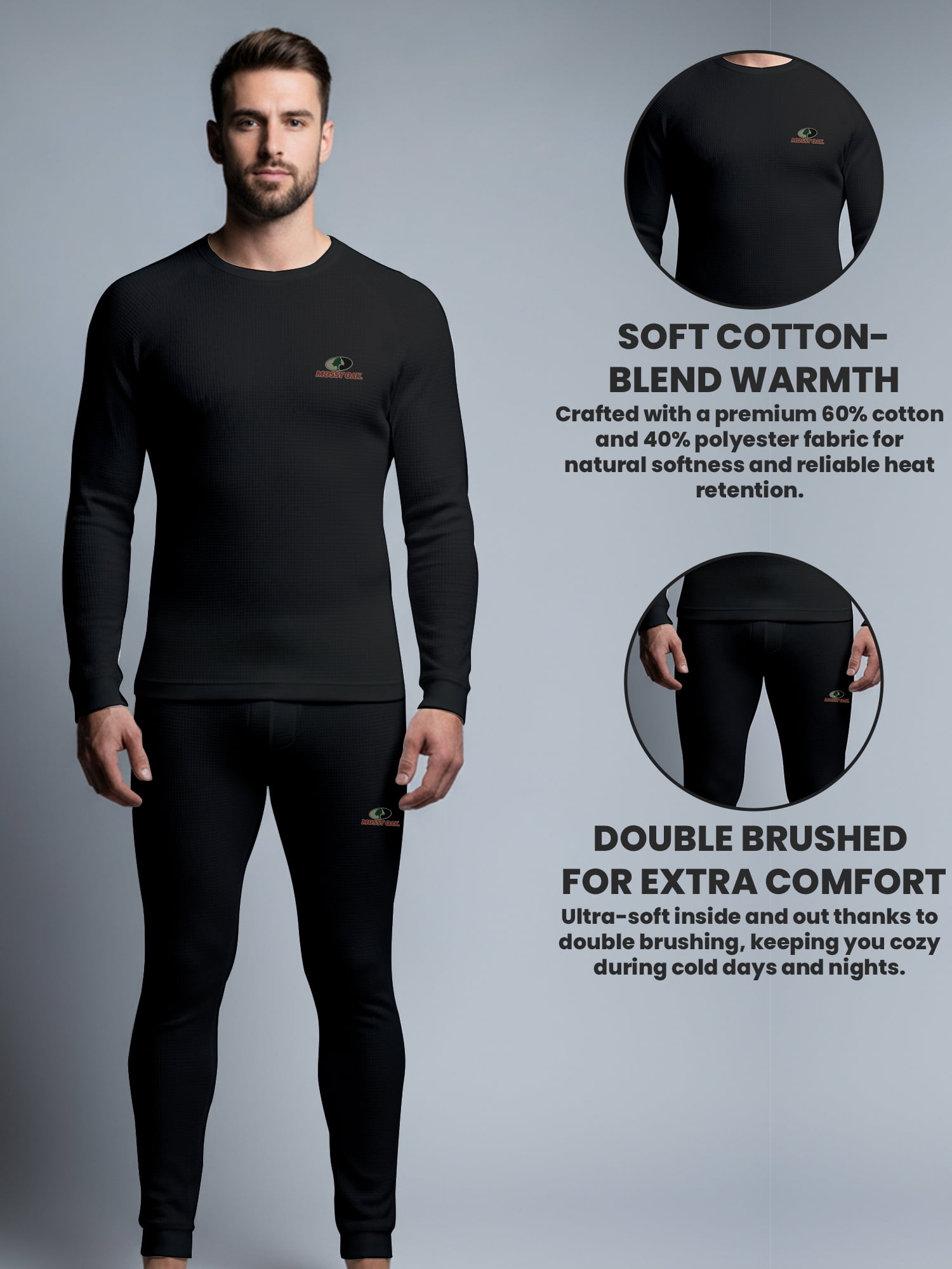 Mossy Oak Mens Thermal Underwear Set Insulated Shirt & Long Johns, Black 2X