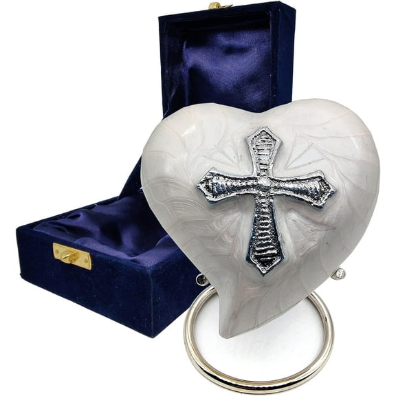 Funeral Decorative Religious Cross Heart Urns- Cremation Urn for Human Ashes Adult for Women and Men Handcrafted Keepsake Cremation Heart Shaped Urn Comes with Stand & Gift Box (WHITE CROSS)