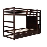 Harper & Bright Designs Twin Over Twin Bunk Bed with Trundle and Stairs, Wood Kids Bunk Beds with Storage Drawers and Guardrail for Teens Adults, Espresso