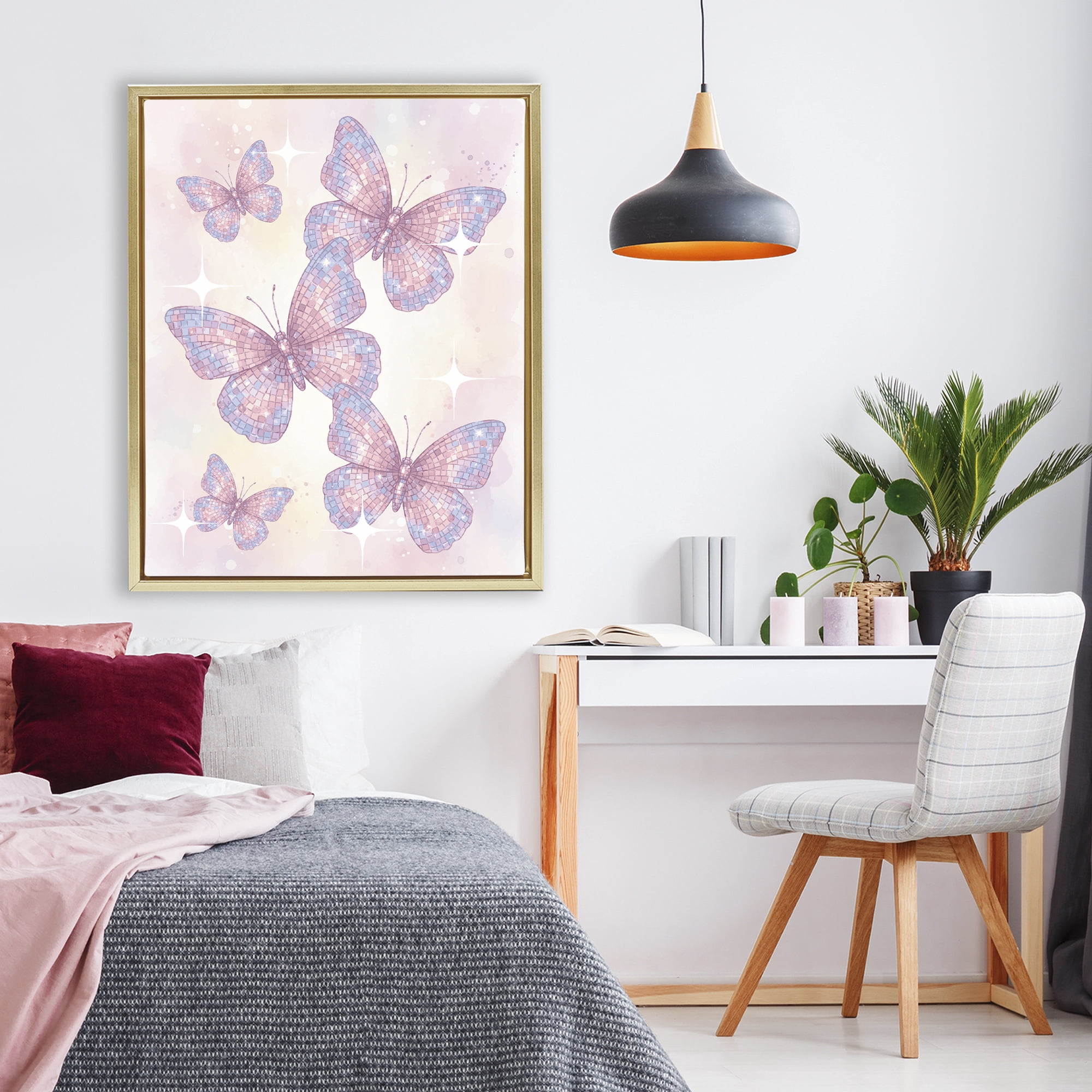 Stupell Industries Delicate Disco Butterfly Dance Gold Framed Floater Canvas Wall Art, design by Lil' Rue