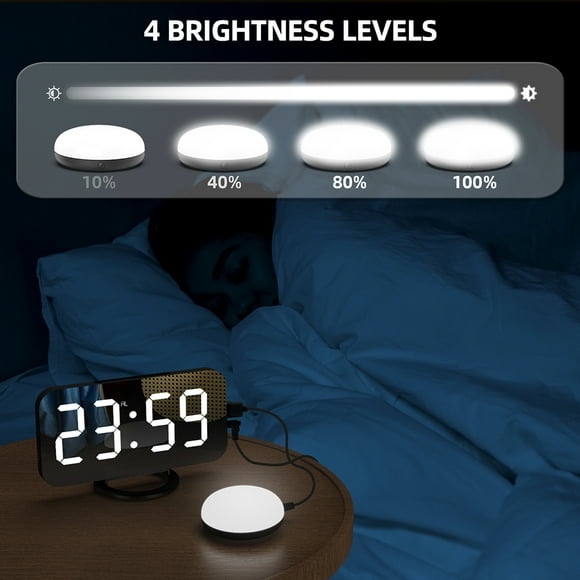 Reloj despertador Macarena, Espejo extrafuerte, USB, pantalla LED, Base negra
