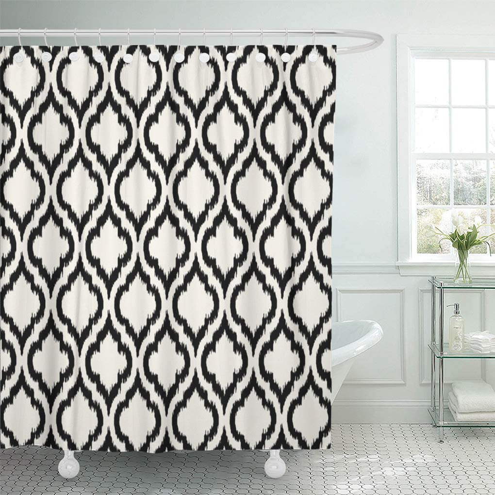 ATABIE Modern Black and White Moroccan Pattern Ikat Contemporary Quatrefoil Shower Curtain 66x72