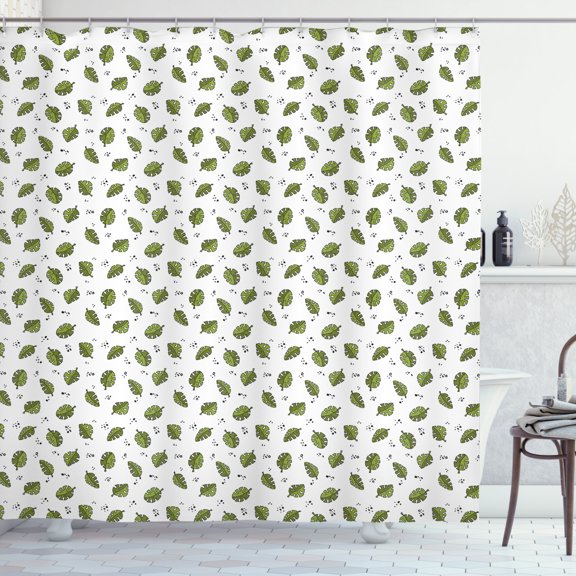 Philodendron Shower Curtain, Simple Cartoon Demonstration of Leaves and Spots on a Plain Backdrop, Fabric Bathroom Set with Hooks, 69W X 84L Inches Extra Long, Olive Green White, by Ambesonne