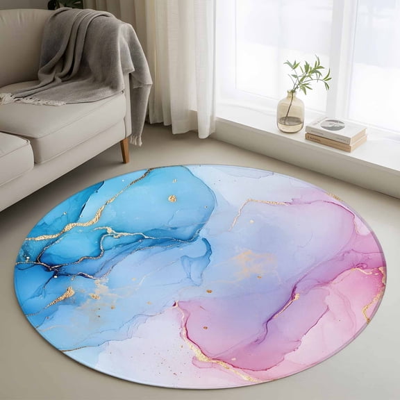 Round Rugs 3Ft, Blue Pink Ombre Round Area Rug Washable Indoor Throw Carpet, Abstract Modern Aesthetics Marble Small Non Slip Circle Rug for Bedroom Living Room Home Decor Aesthetic