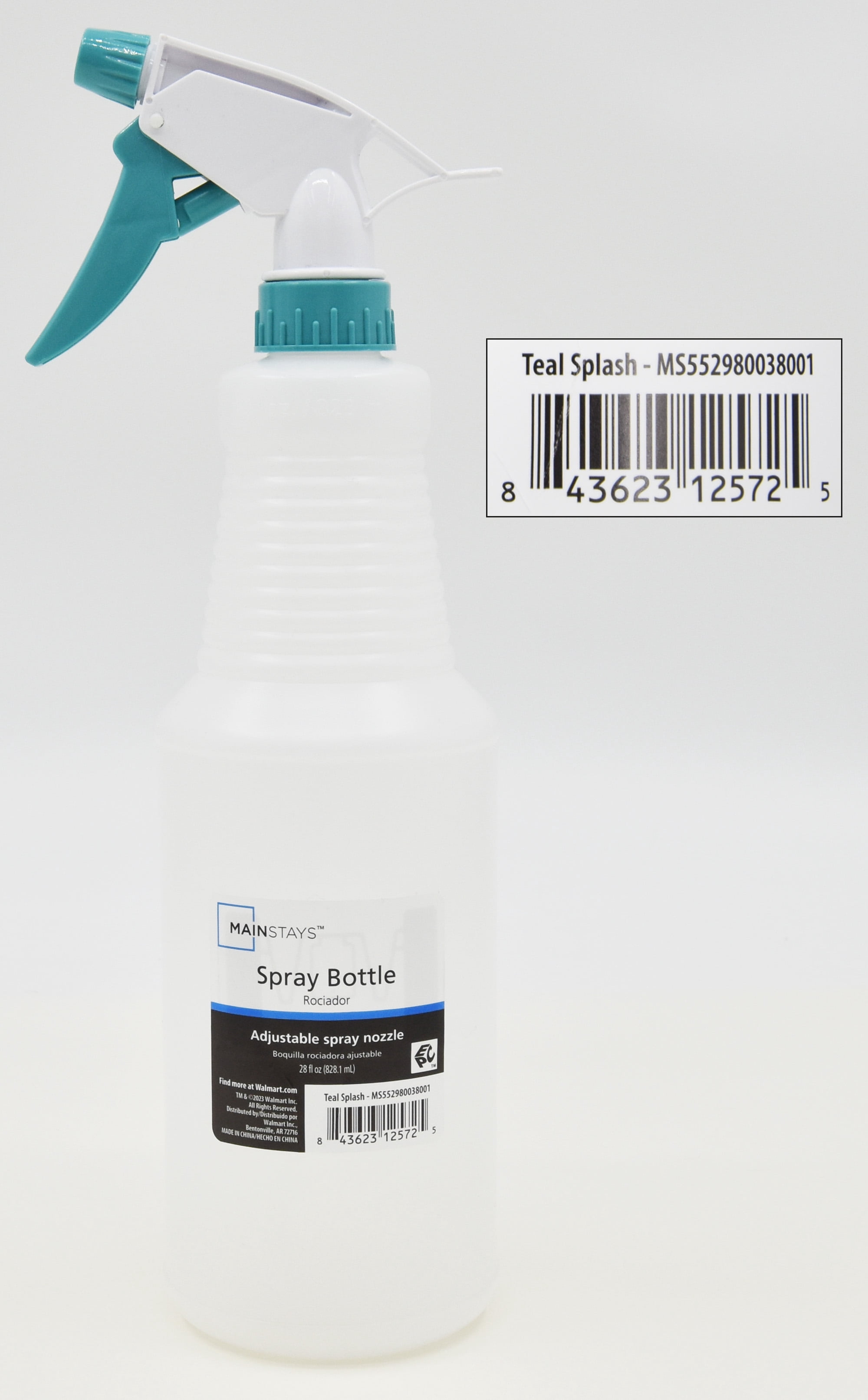 Mainstays Plastic Clear Spray Bottle with Teal Lid and Nozzle, 28 oz.
