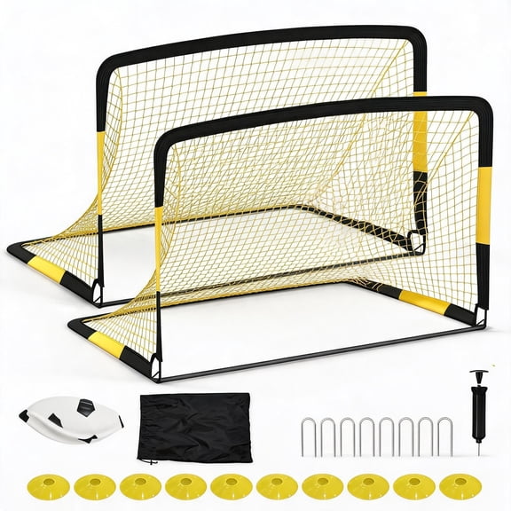 Soccer Goals for Backyard, 2 Pack 6x4 ft Pop Up Soccer Net Set with Ball & Pump & Cones & Stakes – Portable Kids Soccer Goal Kit for Youth Practice, Training, Family Game